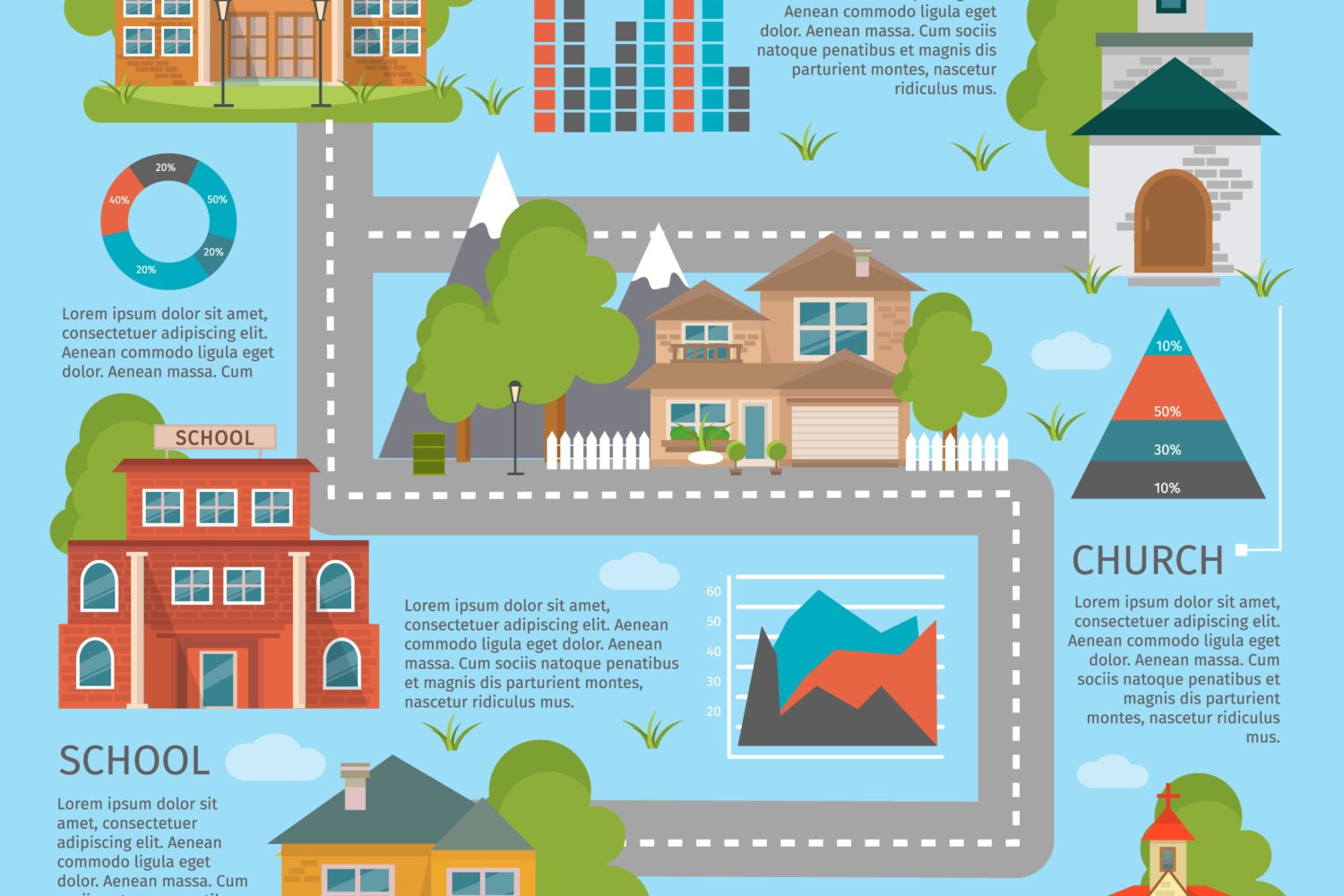 Colored building school church infographics with private houses descriptions and roads vector illustration